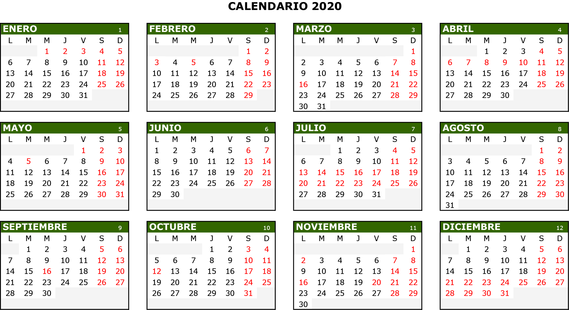 Calendario TJA 2020